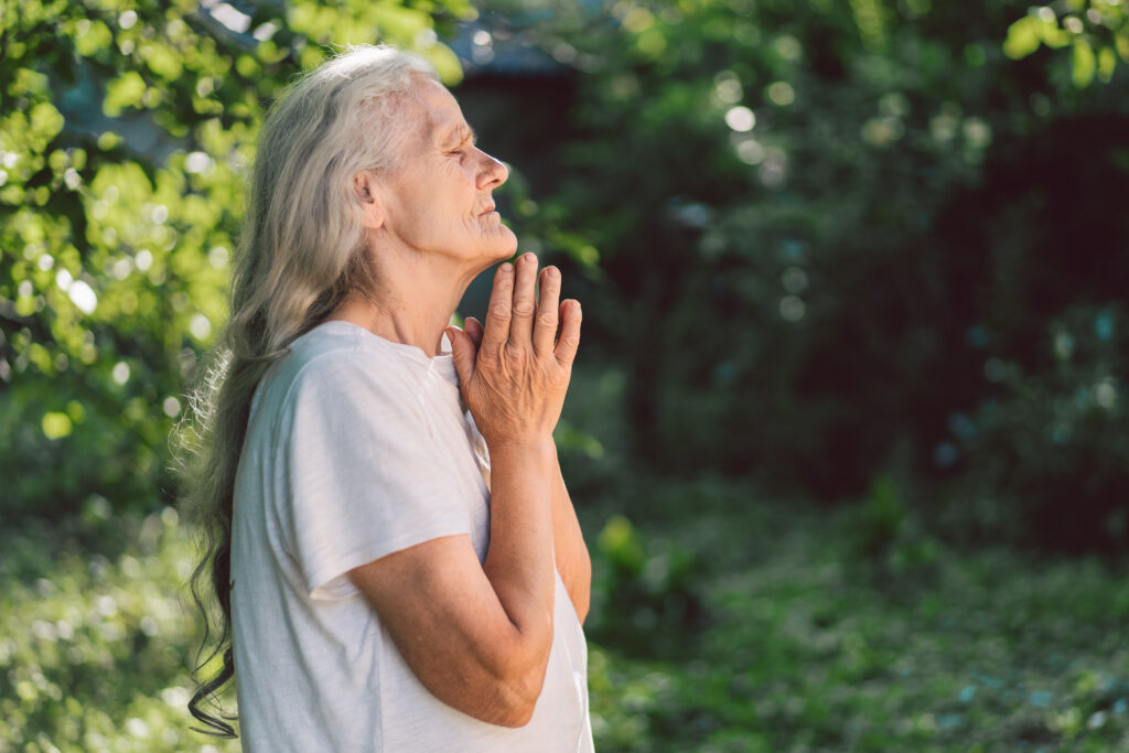 senior breathing exercise, older woman yoga gentle, senior relaxation breathing